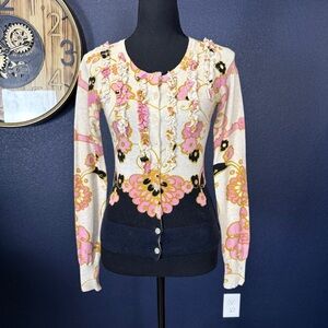 Charlotte Tarantola Pink and Navy Floral Print Ruffle Cardigan | Size XS
